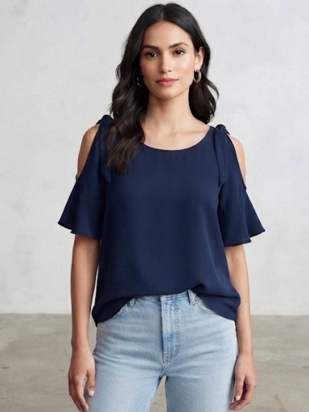 New York & Company Navy Cold-Shoulder Tie-Shoulder Blouse